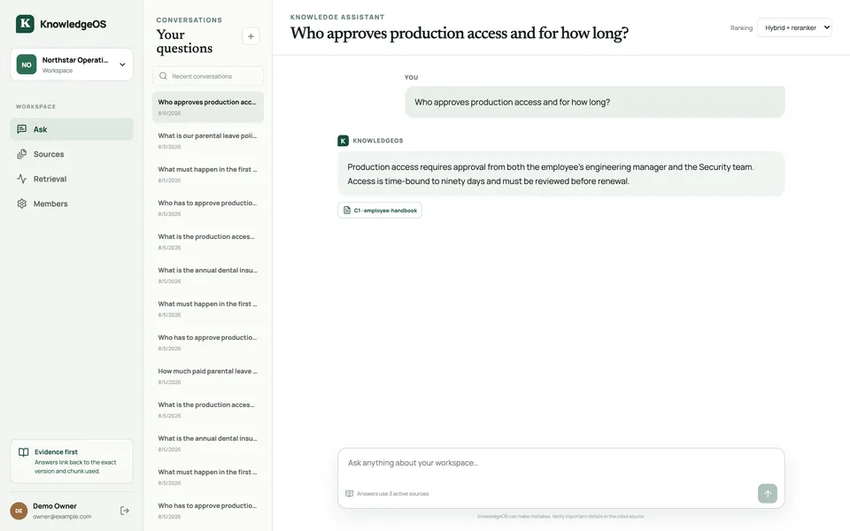 A KnowledgeOS answer with an inline citation linking back to the source document.